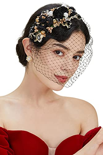 BABEYOND Fascinator im Stil der 1920er Jahre, Netzstoff, Blume, Perlen, Schleier, Stirnband, Brautschmuck, Hochzeit, Teeparty, Schleier, für Damen