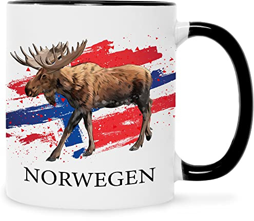 GRAVURZEILE Bedruckte Tasse mit Motiv - Norwegen - Flagge mit Elch - Geschenk für Mama Papa Freunde Geburtstag Valentinstag Weihnachten - für Männer & Frauen - für Sie & Ihn - Farbe: Schwarz & Weiß