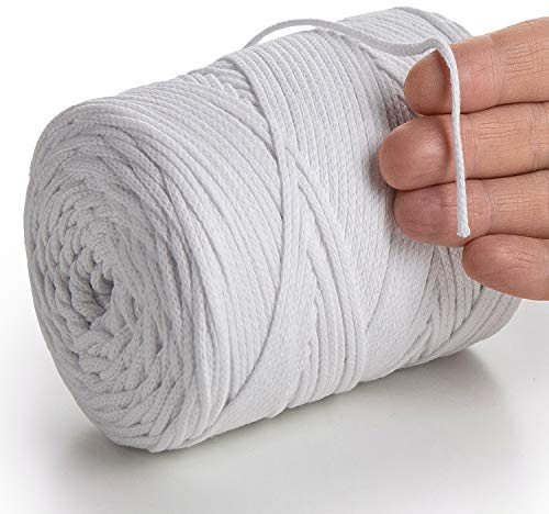 MeriWoolArt® Makramee Garn 2 mm x 250 m Baumwollkordel, recyceltes weiches Baumwollgarn für das Stricken von Pflanzenhängern, Schmuckherstellung, Häkeltaschen (Weiß, 2mm)