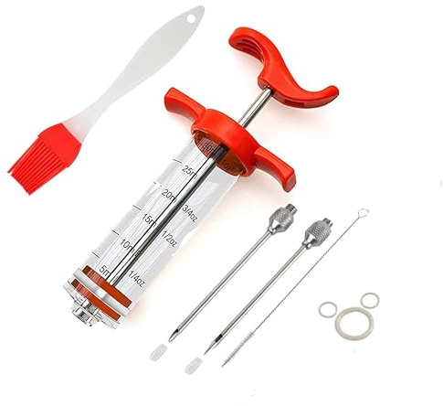 Meat Injector Kit, Plastic Marinade Turkey Injector Syringe with Screw-on Meat Needle for BBQ Grill,1-oz,with 2 Professional Needles,1 Cleaning Brush,3 Extra O-Rings,1 Brush For Basting