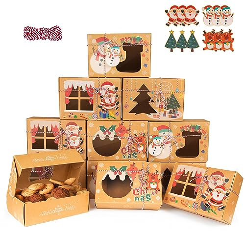 EYCLFY Keksschachtel Weihnachten, Keksverpackungen Geschenkboxen Weihnachten Kraftpapier Geschenkkarton mit Sichtfenster DIY Karten- 12 Stück