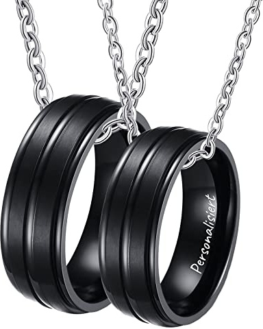 KnSam Titan Partner Kette Ihn und Ihn mit Ring Anhänger, 2er Partner Kette Personalisiert Gebürstet Band, Schwarz für Frauen Männer (Breite 8MM, Länge 60cm/ 50cm, Damen 54 Herren 62)