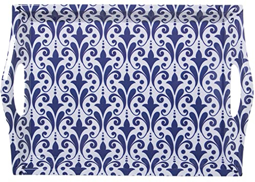 DRW Bandeja Rectangular de melamina con Asas Decorada en arabesco Azul y Blanco 5x31x44 cm