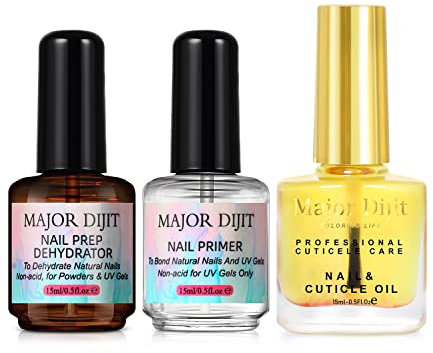 Major Dijit Nail Dehydrator and Nail Primer with Cuticle Oil Set,Natural Nail Prep Dehydrate and Acid-Free Primer for Gel Nail Polish,15ML 3PCS (Rose)