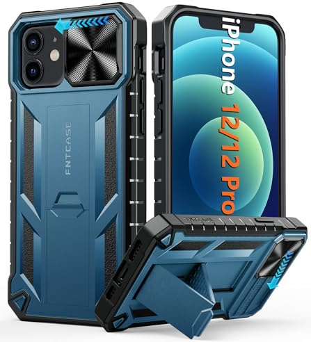 FNTCASE Handyhülle für iPhone 12 Hülle: Stoßfeste Robust Militär-Grade Fallschutz Hülle mit Ständer TPU Matte Hybrid Heavy Duty Harte Bumper rutschfest Schutzhülle Cover für iPhone 12/12 Pro Blau