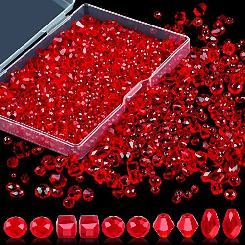 Perlen Zum Auffädeln, 600 Stück Facettierte Glasperlen Glitzerperlen, Perlen für Armbänder für Basteln Schmuckherstellung, DIY Halsketten, Armbänder, Ohrringe (4/6/8 mm, Rot)