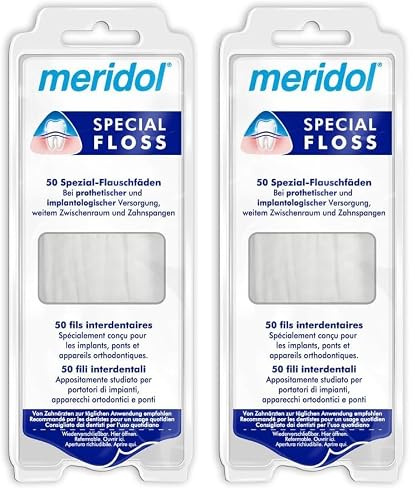 meridol Zahnseide Special Floss, 1 x 50 Stück - zur Reinigung weiter Zahnzwischenräume, geeignet für Träger von Brücken, Kronen und Implantaten (Packung mit 2)