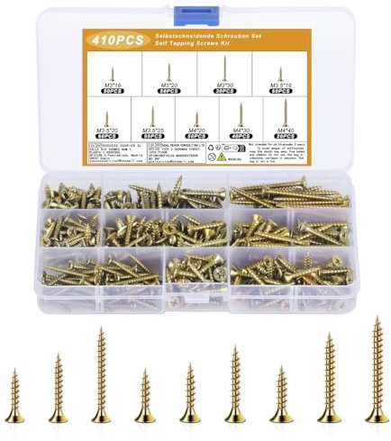410 Pcs Wood Screws Assortment Kit, M3 M3.5 M4 Countersunk Cross Flat Head Assorted Screw Set, Self Tapping Screws for Plastic Masonry Sleeper Deck Decking Timber Drywall Furniture Fence Screw Kit
