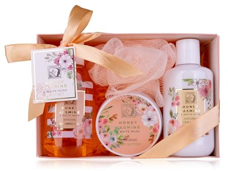 Accentra Set doccia da donna Honey Jasmine in bella confezione regalo – Set di 4 pezzi con gel doccia, lozione per il corpo, burro per il corpo e spugna a rete – Set regalo per San Valentino e festa