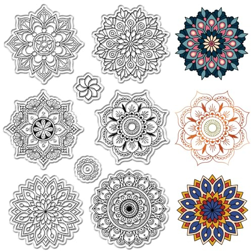 CRASPIRE Mandala Floral Clear Rubber Stamps Reusable Flowers Boho Yoga Transparent Silicone Stamp Seals Vintage for Journaling Card Making Decor DIY Scrapbooking Supplies Crafting