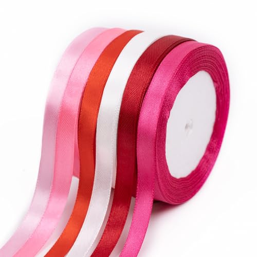 Fyshird Satinband Rot 10mm x 22m Geschenkband 6 Farben Schleifenband Hochzeit Polyester Bänder zum Basteln Dekoband Rosa für Geschenkverpackung Geburtstag DIY(Rote Serie)