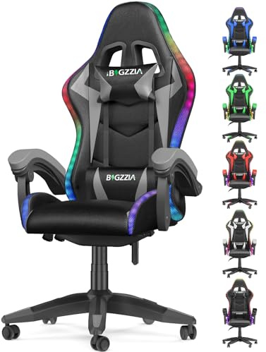 Bigzzia Gaming Chair with RGB Computer Chair with Light Reclining PU Leather Video Game Chair with Headrest Adjustable Lumbar Support (With RGB led, Black/Grey)