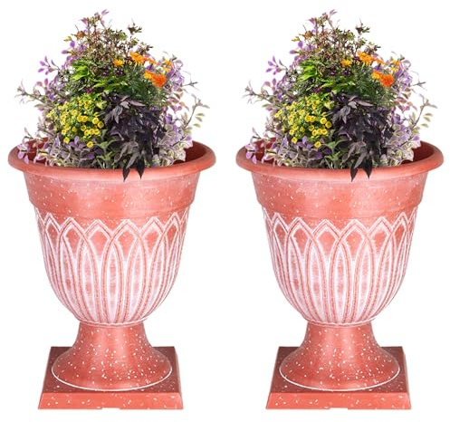SG Traders Large Urn Plant Pot Stand, Flower Pots Outdoor Garden Planters, Indoor Plant Pot, Tall Planter with Drainage Holes, Strong Plastic Patio Home Plants (Pack of 2)