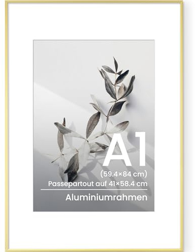 Feihorrm Marco de fotos A1 dorado, 59,4 x 84 cm, aluminio, marco grande para fotos, carteles, obras de arte o certificados, moderno marco de fotos de metal con cristal templado para montaje en pared