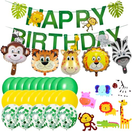 Animal Birthday Party Decoration Set,38pcs Wild Animal Theme Happy Birthday Banner,Monkey Lion Tiger Giraffe Zebra Balloons,Jungle Zoo Animals Cupcake Toppers,Forest Festival Party Decoration