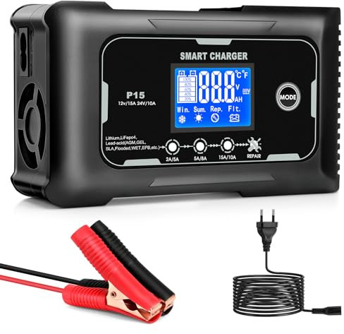 Autobatterie Ladegerät 12V/15A 24V/10A KFZ Ladegerät Batterie Erhaltungsladegerät Geeignet für Autos, Motorräder, Rasenmäher und Schiffe in Lithium, Lifepo4, Blei-SäUr Batteriewartung