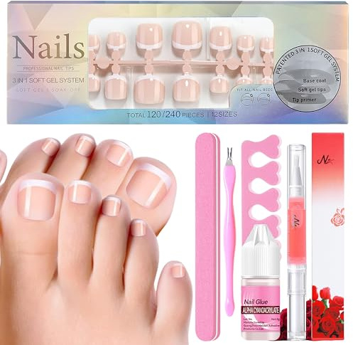120 Stück Falsche Fußnägel Kit - Französisch Natürliche Künstlich Fußnägel zum Aufkleben, White Tips Full Cover Toe Nails Tips für Frauen, Fake nails für Nail Art DIY Maniküre, 12 Größen (Weiß)