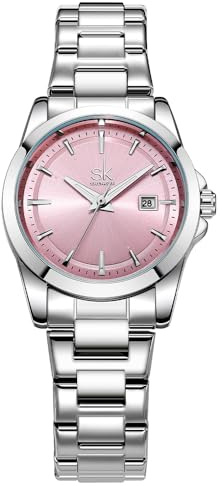 SHENGKE Orologi al quarzo minimalisti da donna con data bracciale in acciaio inossidabile e quadrante colorato alla moda (Argento-rosa)