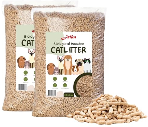 Jelka Holzstreu Katzenstreu 2 x 10KG (20kg - 40L) - Biologisch abbaubare Holzkörner - 100% Natur
