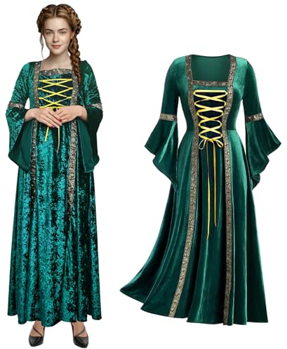 JDFAIJEAL Damen Retro Mittelalter Kleid,Trompetenärmel Viktorianisch Kleid | Für Karneval,Halloween Party;Hexe Königin Retro Stil;Irisches Renaissance Prinzessin Kleid,Erwachsenen Cosplay Kostüm