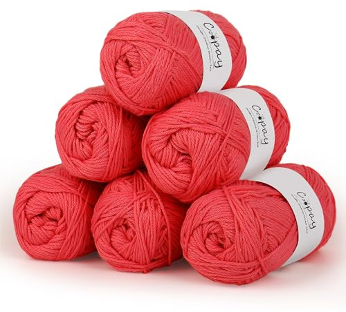 Coopay Ovillo de lana para ganchillo, 100% algodón para tejer, 6 x 50 g, hilo suave de algodón para ganchillo, lana de bebé para suéteres, calcetines, mantas de bebé, color rojo
