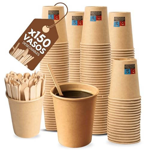 VERUPORE | Vasos desechables para café 210 ml con palitos de madera | Pack de 100 unidades | Vasos de cartón kraft resistentes sin BPA, aptos para bebidas calientes y frías