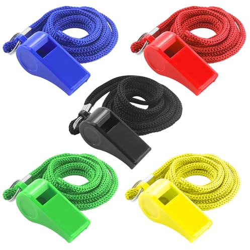 DAVIDJAMESCLARKE Lot de 5 sifflets de Sport avec Cordon Tour de Cou - Sifflet en Plastique - Sifflet d'arbitre - Sifflet pour entraîneurs, arbitres, Enseignants, urgences