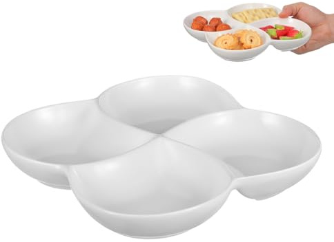 MOLUCKFU Ceramic Compartment Food Plate 4 Section Serving Tray 8.66In Divided Snack Dessert Dish Ceramic Snack Platter for Salad Candy Cake Office Canteen School Use