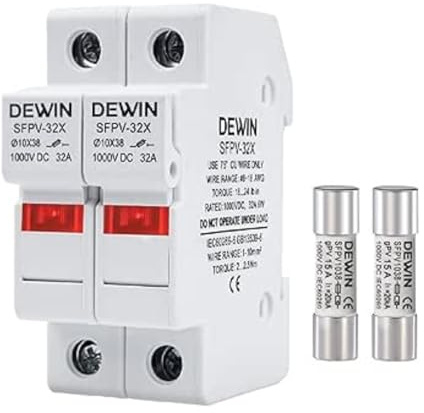 PV-Sicherungshalter, DC 1000V 32A 2-Poliger Sicherungshalter Für Solaranlagen Hutschiene 35 mm DIN-Schienenmontage,für Kern 10 * 38mm(2 15A-Sicherungen)