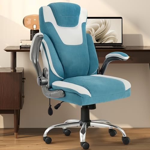 Big and Tall Fabric Office Chair 500LBS with Adjustable Lumbar Support, Extra Wide Seat for Heavy Duty Executive Desk Chair,Breathable Ergonomic Rocking Game Chair Padded Flip-up Armrests,Bluewhite