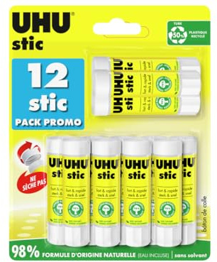 UHU Stic - Bastone di colla senza solventi, colla per bambini, hobby creativi, ufficio, casa, scuola, bianco, forniture per ufficio, confezione da 12 stick da 8,2 g