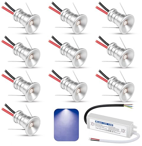 LEWUIYO 10er Set mini led Spot 12V 0.5W,Mini LED Einbaustrahler Ultra Klein EinbauØ 10mm,Blau Deckenspots IP65 Led spots Einbauspots für Küche Decke Treppen Schrank,mit 230v Trafo (Silber, Blau)