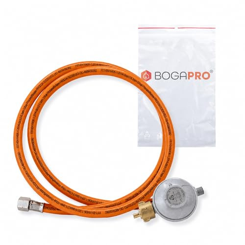 BOGAPRO Gasdruckregler 30 mbar Set, Gasdruckminderer mit 1,5 m Gasschlauch, 1/4 Linksgewinde, für Propan/Butan-Gasflaschen (5/11/33 kg), CE, EN 16436-1 Schlauch, inkl. Polybeutel