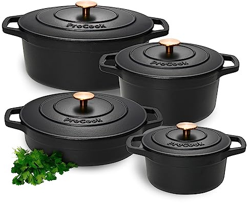ProCook Enamel Dutch Oven Set with Lids - 4 Piece, Round Cast Iron Casserole Dishes - Black, Induction Compatible Cookware