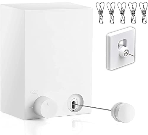 ABHILWY Retractable Clothesline Clothes Line Retracting Outdoor/Indoor, Heavy Duty Stainless Steel Adjustable Drying Rope Wire Dryer with ABS case+Aluminum, Self Adhesive Wall Mount 13.8 Feets White