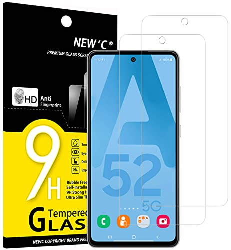 NEW'C 2 Pack, skärmskydd i glas för Samsung Galaxy A52 / A52 5G, bubbelfri, 9H hårdhet, 0,33 mm ultratransparent, ultrabeständigt härdat glas