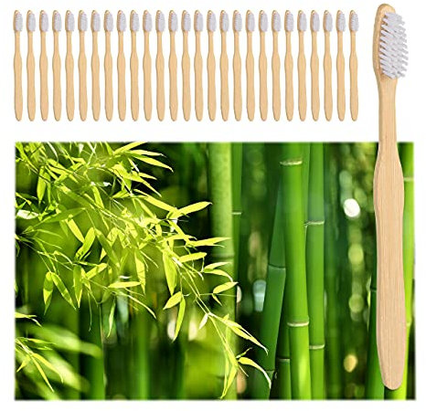 Relaxdays Bambu tandborstar, set om 24, borst medium, vegansk, hållbar, BPA-fri, handtandborste belagd, vit