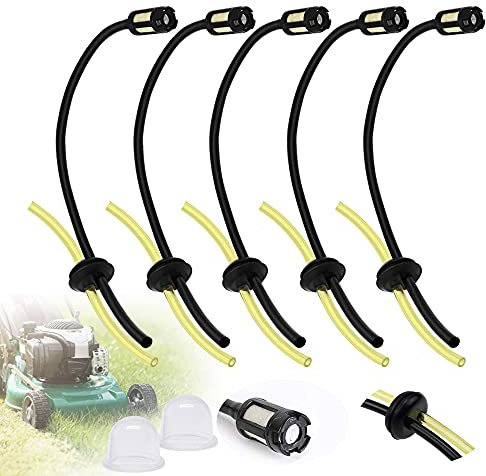 BUENTYA 5 Set Strimmer Fuel Pipe, Universal Grass Trimmer Fuel Line Fuel Filter Kit Lawnmower Fuel Hose Pipe Petrol Fuel Line Hose with Filter Primer Bulb for Strimmer Brush Cutter