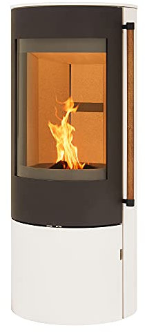 H&M Kaminofen EVO 2.1 Stahl Creme Weiß 7kw Ofen Heizofen modern rund Holzkamin mit großer Sichtscheibe und Gussboden mit edlem Holzgriff