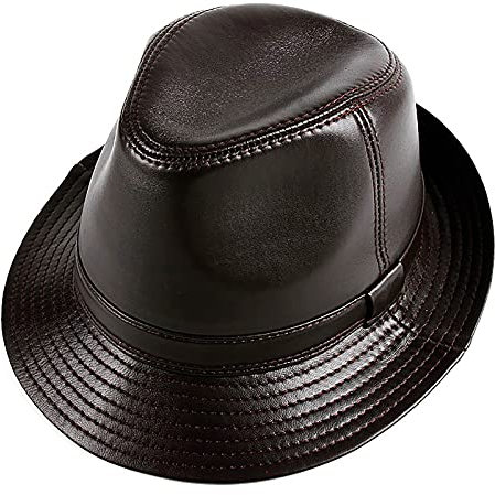 G&F Jazzmütze Leder Herren Schaffell Frauen Klassisch Fedora Trilby Gangster Gentleman Hut Sonnenkappe (Color : Brown, Size : 56cm/22.0in)