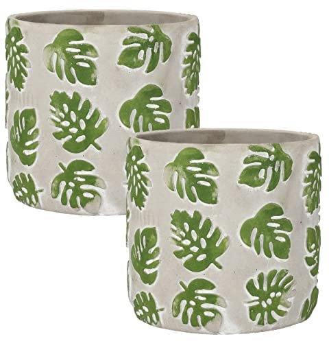 KOTARBAU® Juego de 2 macetas de hormigón de 23 cm, Tiesto para Flores y Plantas, Macetero de Cemento Cuadrado para Interiores, Jardinera con Motivo de Hojas de Monstera para el hogar, diseño Moderno
