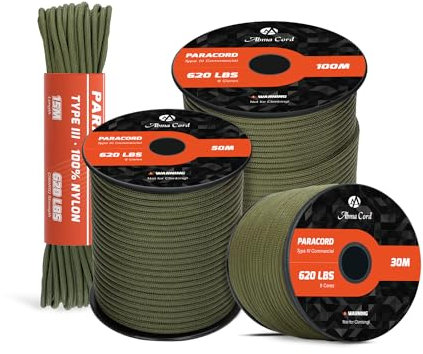 Abma Cord Paracord 620lbs 4mm 100M 100% Nylon Seil Typ 3 Schnur mit 9 Kern für Basteln, Camping, Survival, Outdoor - Max. 280kg - Armee Grün