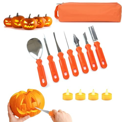 JSRHEEM Halloween kürbis Schnitzset, 7 Stücke Edelstahl kürbis Schnitzwerkzeug mit 4 LED Kerzen, Kürbis Schnitzmesser für Erwachsene