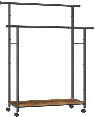 SONGMICS Kleiderständer auf Rollen, Kleiderstange mit Ablage, 2 Stangen, Garderobenstange, 98,5 cm breit, insgesamt bis 100 kg belastbar, Stahlrahmen, vintagebraun-tintenschwarz HSR152B01
