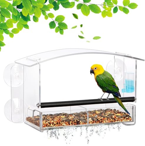 Urban Deco Acrylic Window Bird Feeder with Strong Suction Cups, Drainage Holes and Removable Bird Seed Tray for Garden