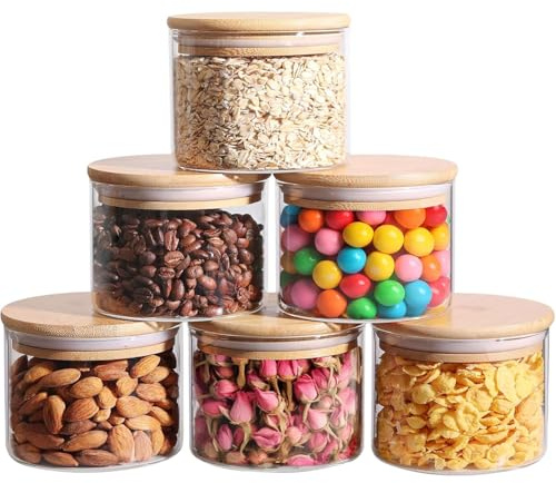 ComSaf 450ml Glass Food Storage Jars Set of 6, Clear Glass Storage Containers with Bamboo Lids, Pantry Organization Jar, Spice, Salt, Tea, Coffee and Sugar Container, Small jar Set for Kitchen