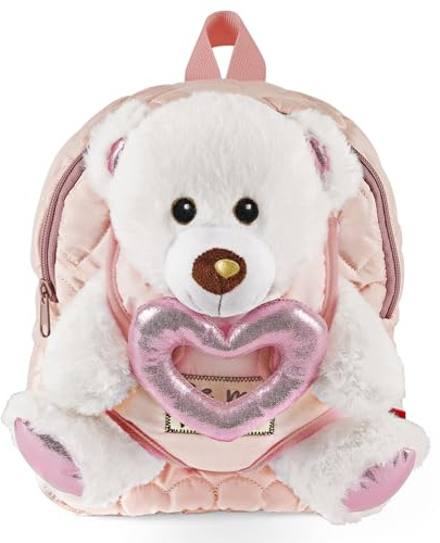 PERLETTI Teddybär Rucksack für Kinder mit Plüschtier Bär und Rosa Herz - Kuscheltier Pluschspielzeug Weich Flauschig und Kindergarten Schultasche - 3 4 5 6 Jahren Baby Kindertasche