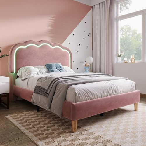 KOMHTOM Lit Rembourré avec Tête de Lit, Lit LED avec Sommier à Lattes en Bois, Cadre de lit pour Enfants, Adolescents, Adultes(sans Matelas) (Rose, 90 x 200 cm)