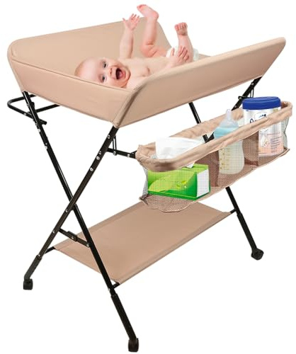 Table à Langer Pliable, Tables à Couches pour Bébé avec Ceinture de Sécurité, Soin pour Nouveaux-Nés avec Sac de Rangement et Couche Inférieure (Rose clair-80 * 66 * 98cm)