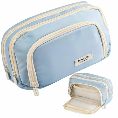Blue Pencil Case Large Capacity, Big Pencil Case with 3 Compartments | Lightweight Zip Pencil Pouch Pen Bag for Girls Teenage Stationery Organizer, Makeup Bag for Women, Men
